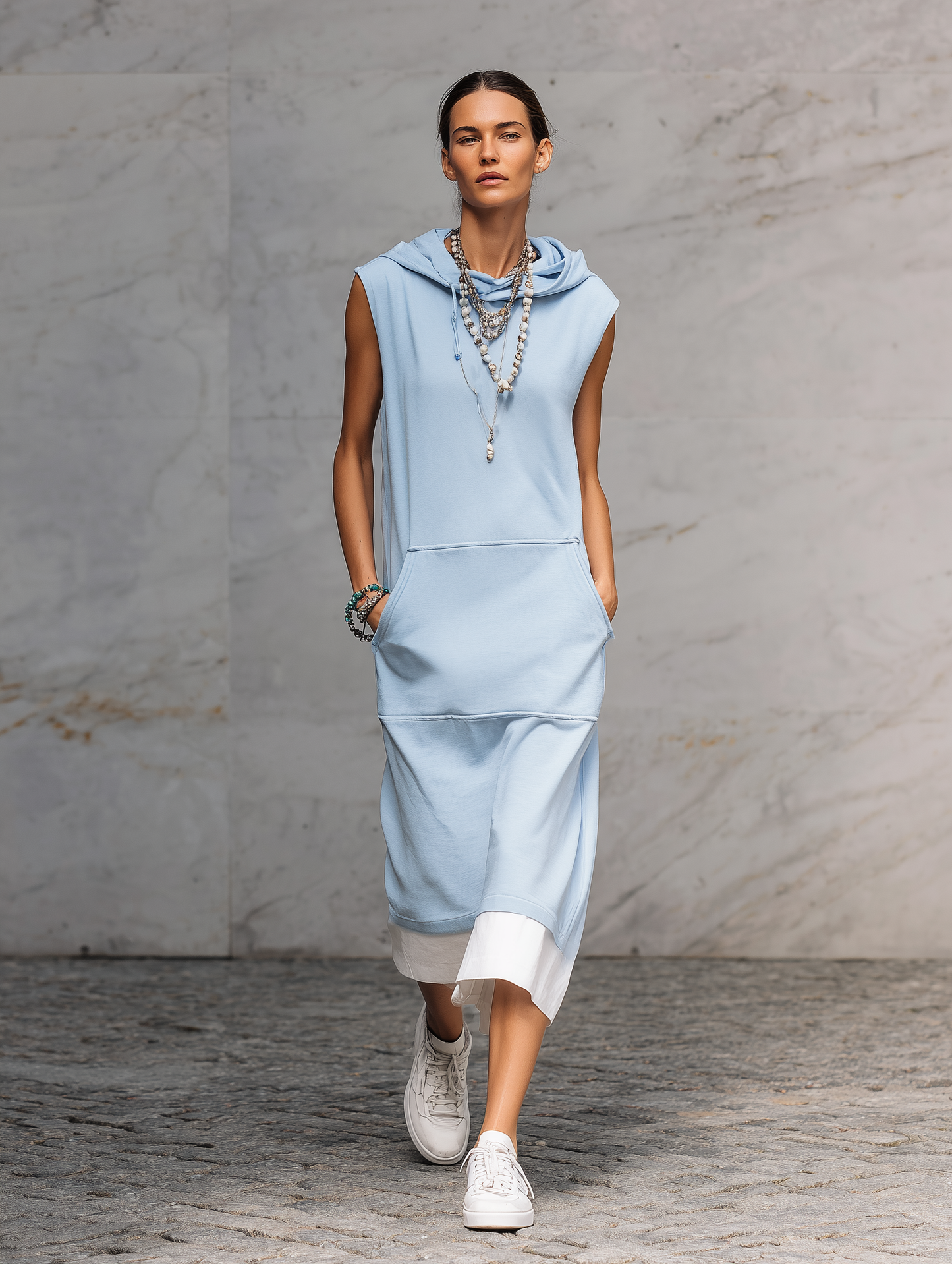 Women's Casual Sleeveless Hooded Color-Block Straight-Cut Sweatshirt Midi Dress MDZ1528E4Y