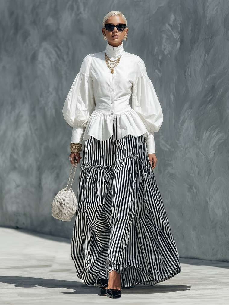 Women's Minimalist Lantern-Sleeve Shirt And Striped Skirt Set MDZ0849F1WY