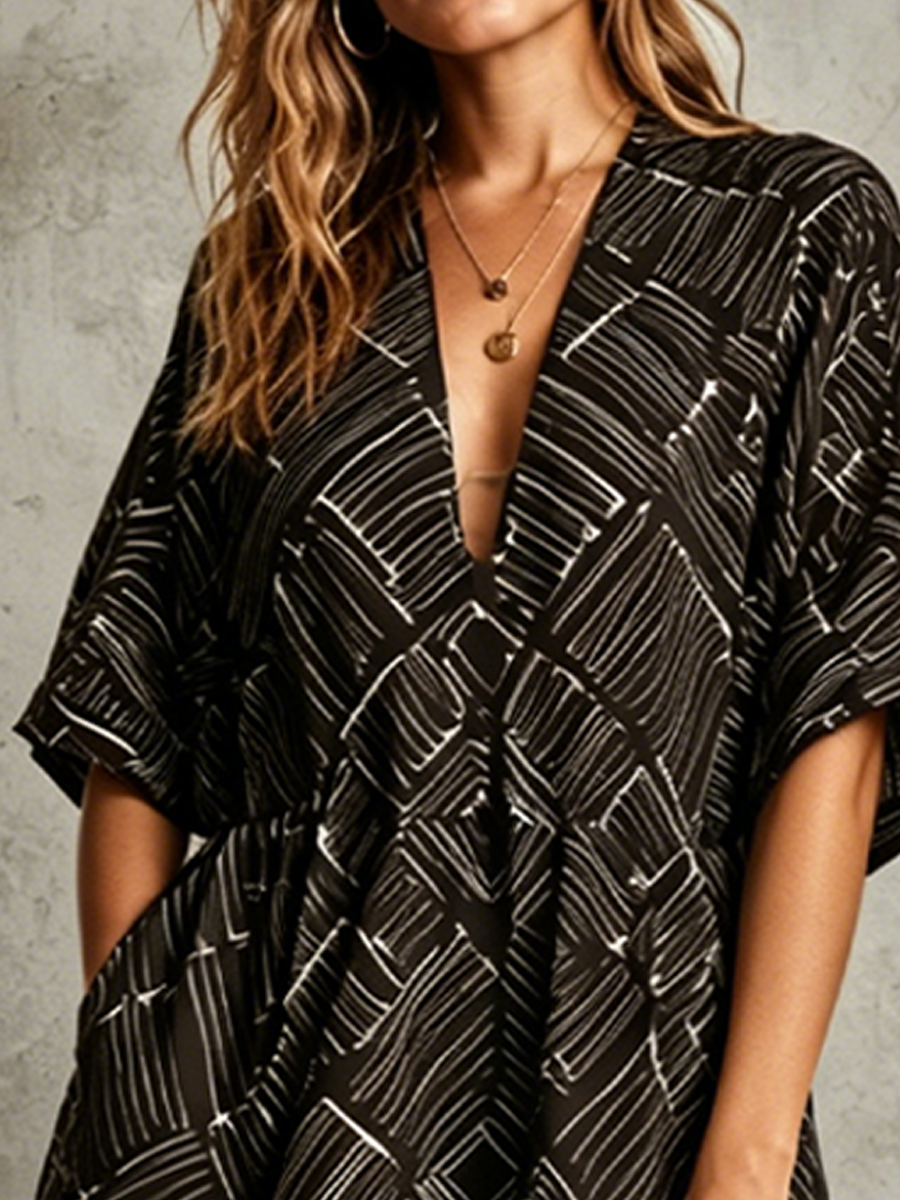 Women's Casual Vacation Style Black Cotton Blend Geometric Line Print Deep V Short Sleeve Elastic Waist Pocket Mini Dress MDZ1093F8GMJ