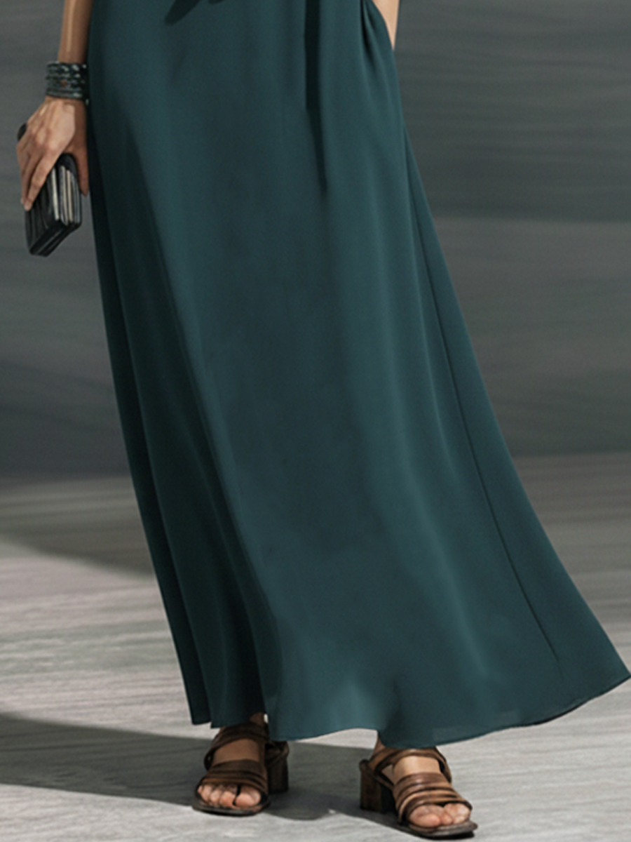 Women's Retro Elegant Dark Green Chiffon Ruffled Sleeveless Long Dress MDZ1142F4GMJ