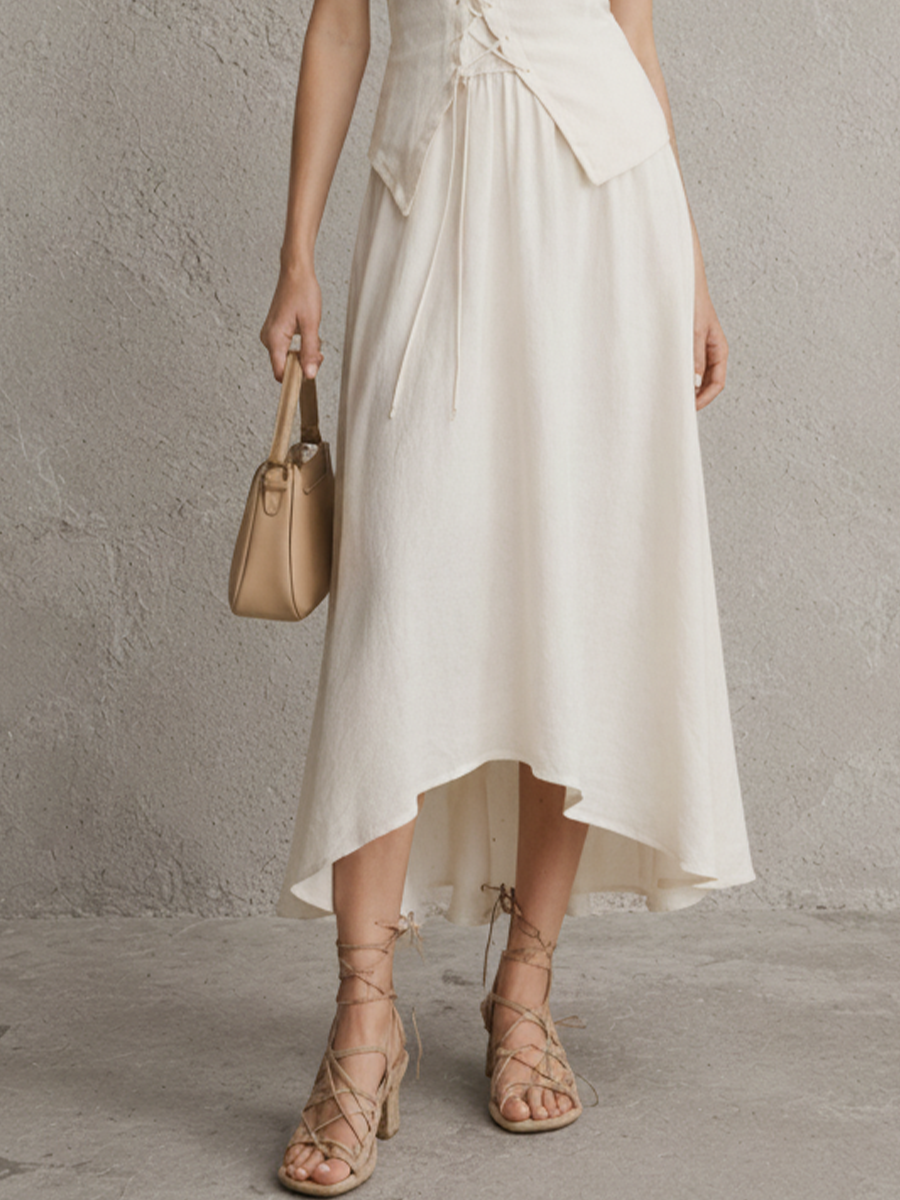 Women's Resort Style Off-White Cotton Linen Lace-up Asymmetrical Irregular Hem Spaghetti Strap Midi Dress MDZ1118F8GMJ