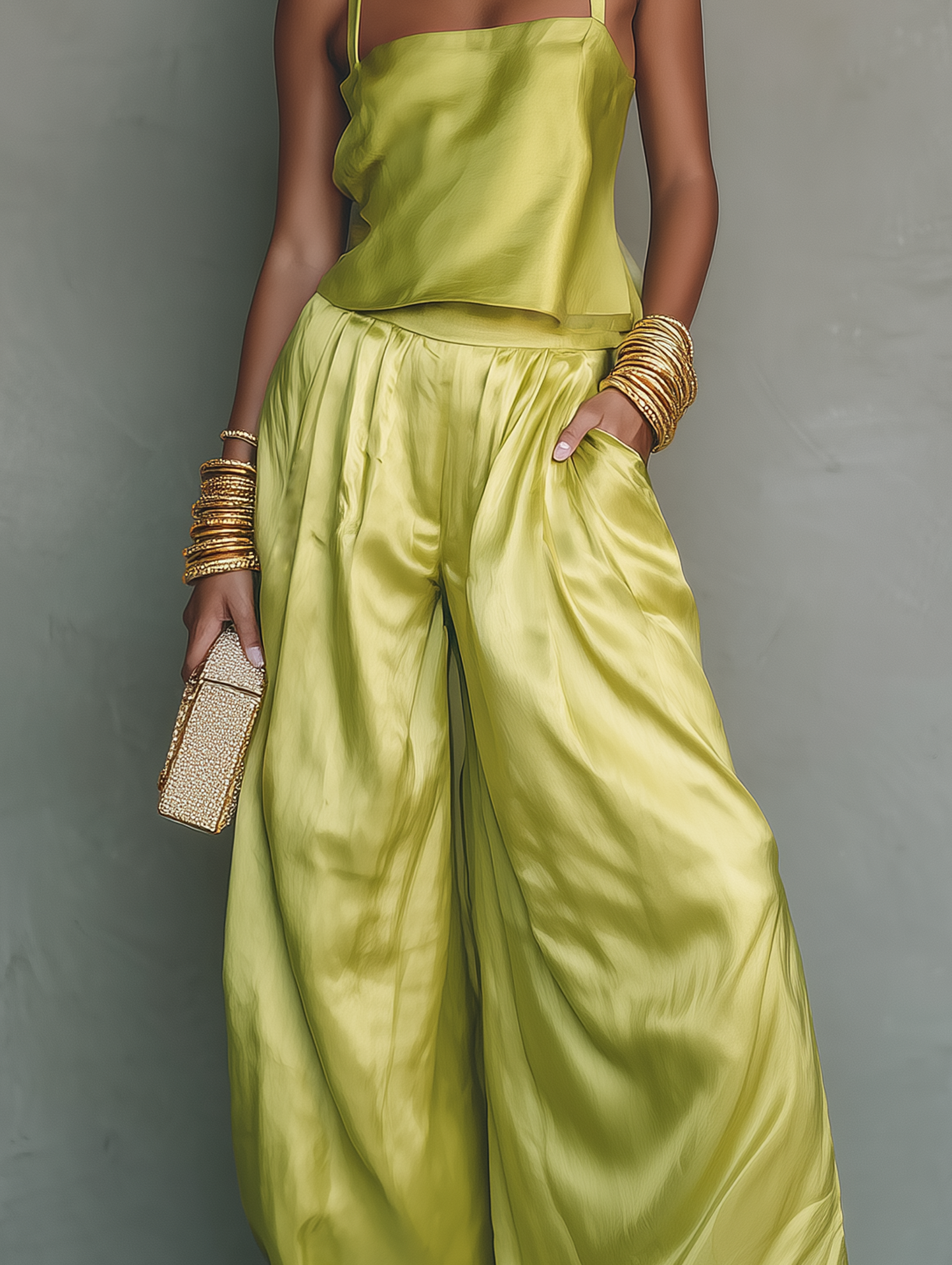 Women's Casual Light Green Satin Camisole And Trousers Set MDZ1203F9LXY