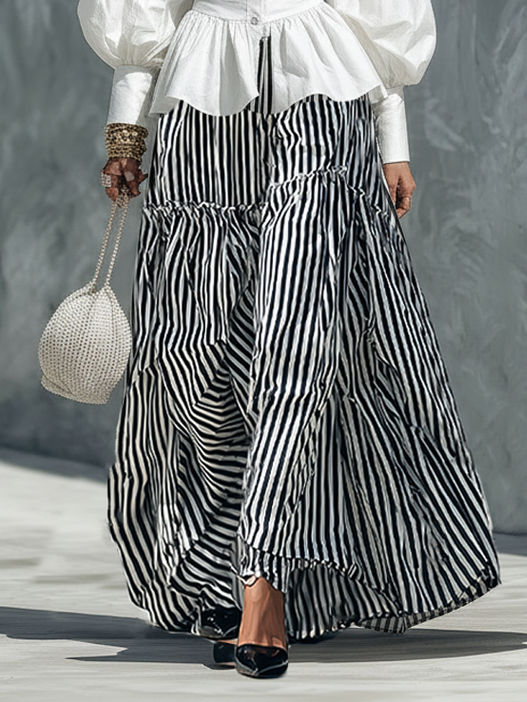 Women's Minimalist Lantern-Sleeve Shirt And Striped Skirt Set MDZ0849F1WY