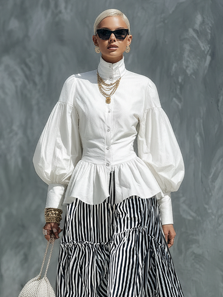 Women's Minimalist Lantern-Sleeve Shirt And Striped Skirt Set MDZ0849F1WY