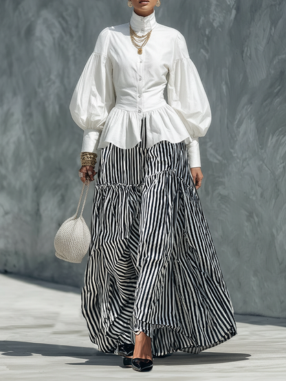 Women's Minimalist Lantern-Sleeve Shirt And Striped Skirt Set MDZ0849F1WY