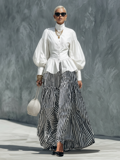 Women's Minimalist Lantern-Sleeve Shirt And Striped Skirt Set MDZ0849F1WY