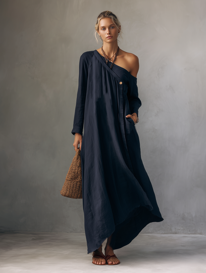 Women's Minimalist Linen-Blend One-Shoulder Long-Sleeve Maxi Dress MDZ0970F6WY