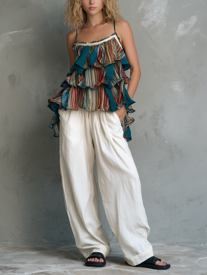 Women's Casual Printed Chiffon Camisole With Ruffles, Paired With White Cotton-linen Trousers MDZ1079F6LXY