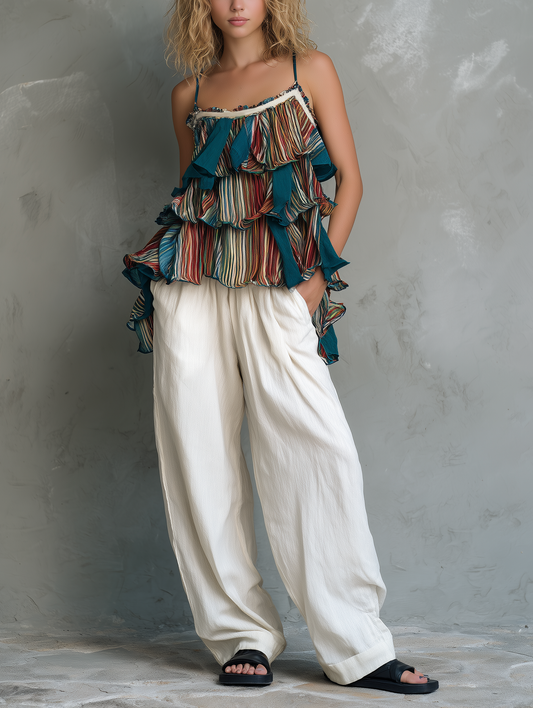 Women's Casual Printed Chiffon Camisole With Ruffles, Paired With White Cotton-linen Trousers MDZ1079F6LXY