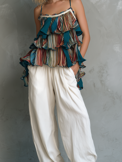 Women's Casual Printed Chiffon Camisole With Ruffles, Paired With White Cotton-linen Trousers MDZ1079F6LXY