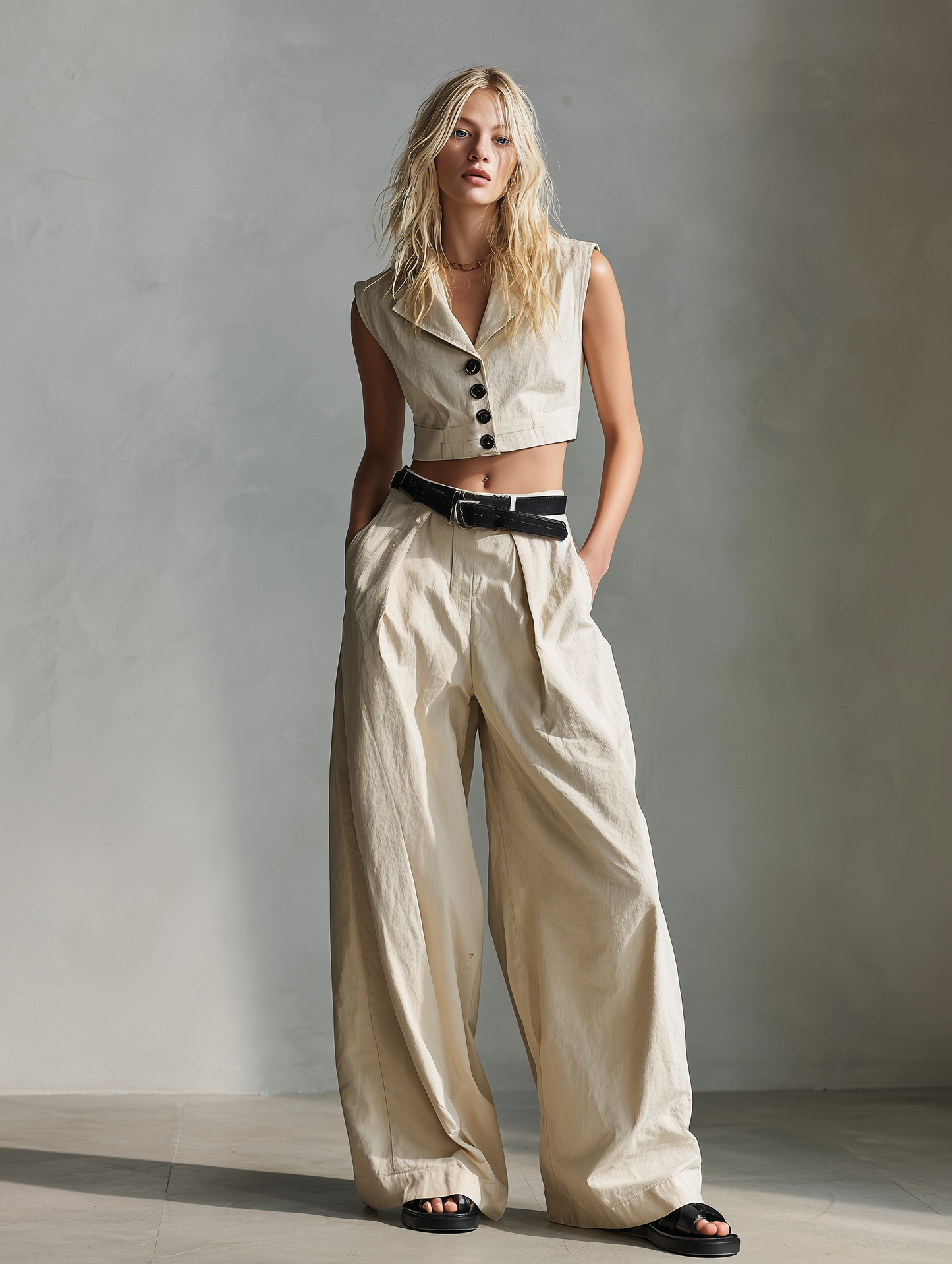 Women's Casual Khaki Woven Sleeveless Vest Paired With Trousers (belt Not Included) MDZ1032F3LXY