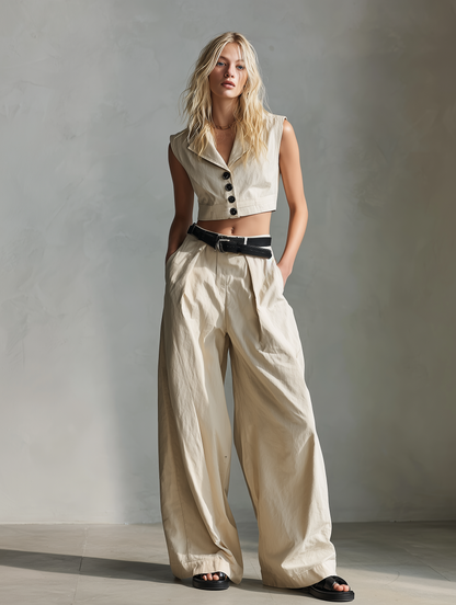 Women's Casual Khaki Woven Sleeveless Vest Paired With Trousers (belt Not Included) MDZ1032F3LXY