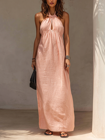 Women's Light Pink Linen-Blend Halter Maxi Dress MDZ1060F2ZRK