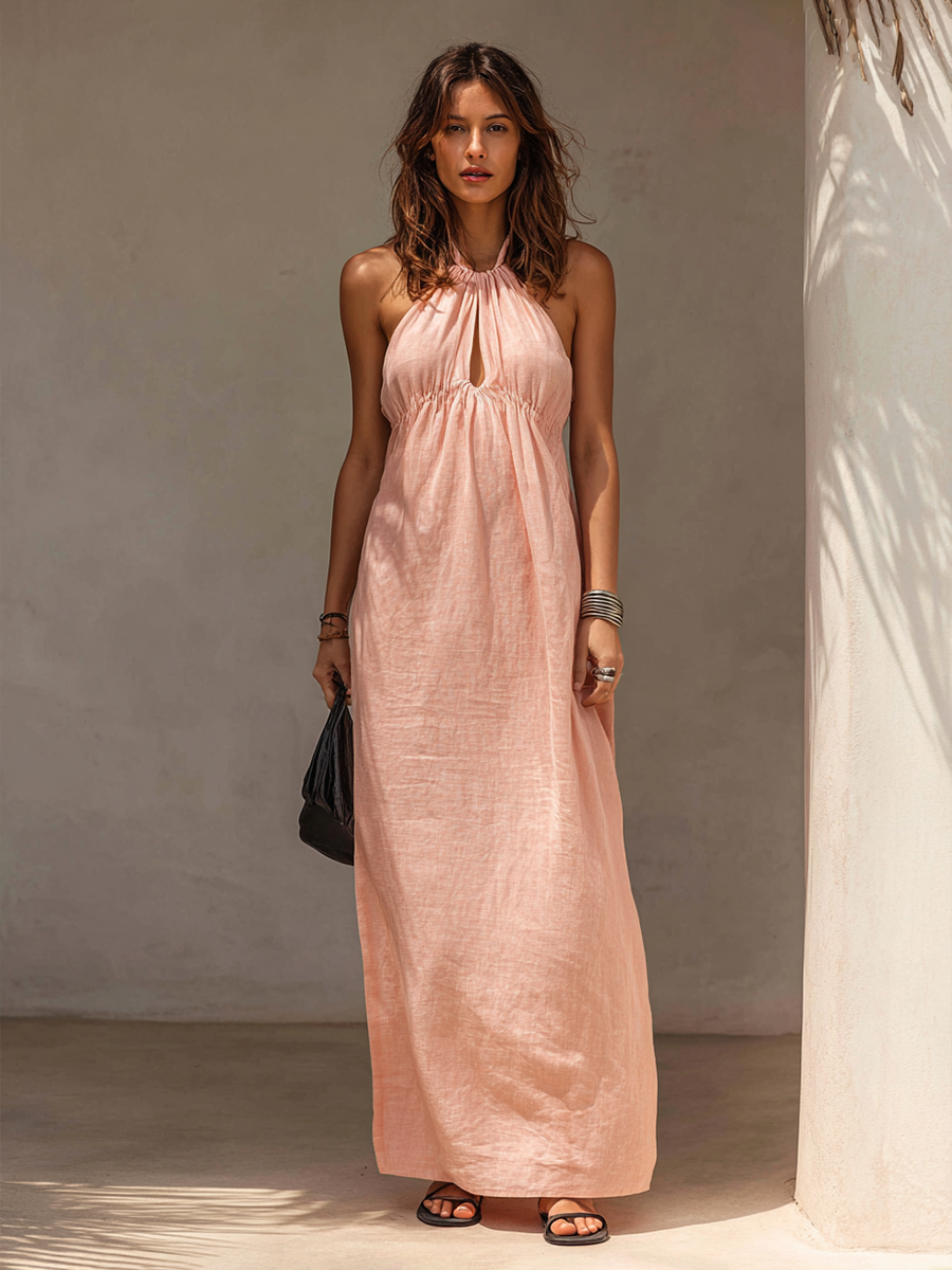 Women's Light Pink Linen-Blend Halter Maxi Dress MDZ1060F2ZRK