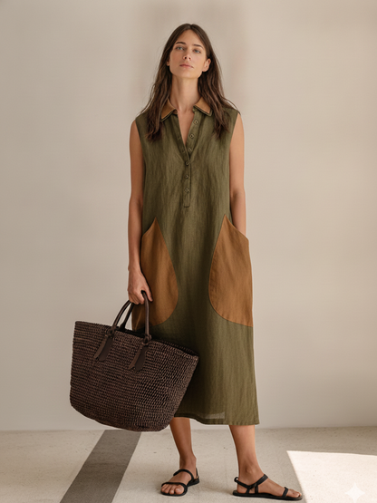 Women's Minimalist Commuter Style Army Green Linen Color Block Contrast Collar Sleeveless Half Placket Patch Pocket Midi Dress MDZ1022F5GMJ