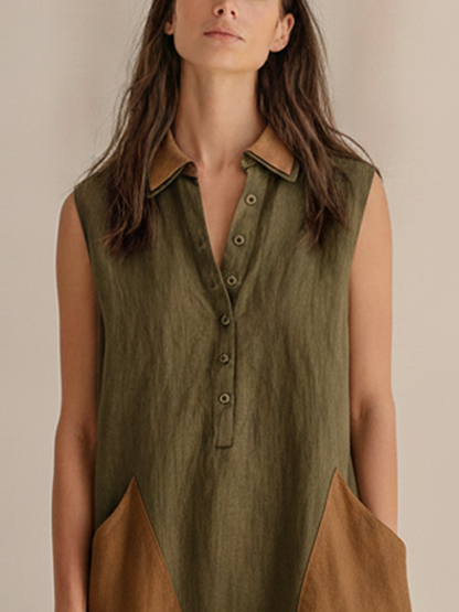 Women's Minimalist Commuter Style Army Green Linen Color Block Contrast Collar Sleeveless Half Placket Patch Pocket Midi Dress MDZ1022F5GMJ