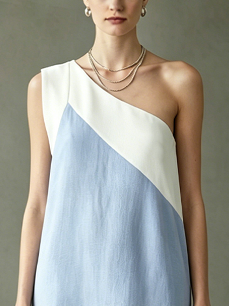Women's Light Luxury Commuter Style Light Blue And White Color Block Cotton Blend One-Shoulder Asymmetric Panel Flounce Hem Midi Dress  MDZ1019F7GMJ