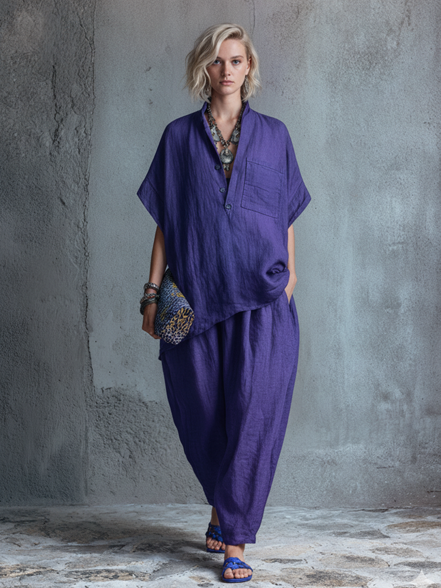 Women's Casual Style Deep Purple Linen Blend Loose Stand Collar Half Button Blouse And Lantern Pants Two-Piece Set MDZ1073F5GMJ