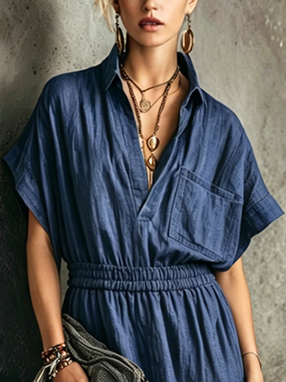 Women's Retro Casual Style Navy Blue Linen Blend Shirt Style Collar Half Placket Elastic Waist Cuffed Ankle Full Length Jumpsuit MDZ1018F8GMJ