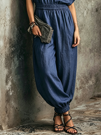Women's Retro Casual Style Navy Blue Linen Blend Shirt Style Collar Half Placket Elastic Waist Cuffed Ankle Full Length Jumpsuit MDZ1018F8GMJ