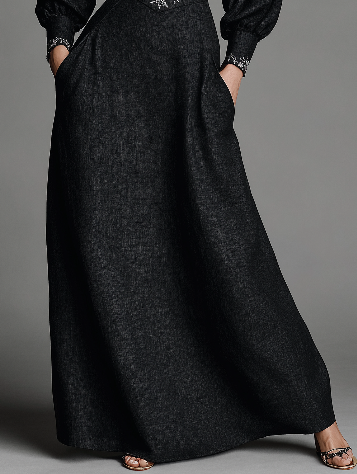 Women's Vintage Linen-Blend Embroidered Square-Neck Long-Sleeve Maxi Dress MDZ1178F0WY