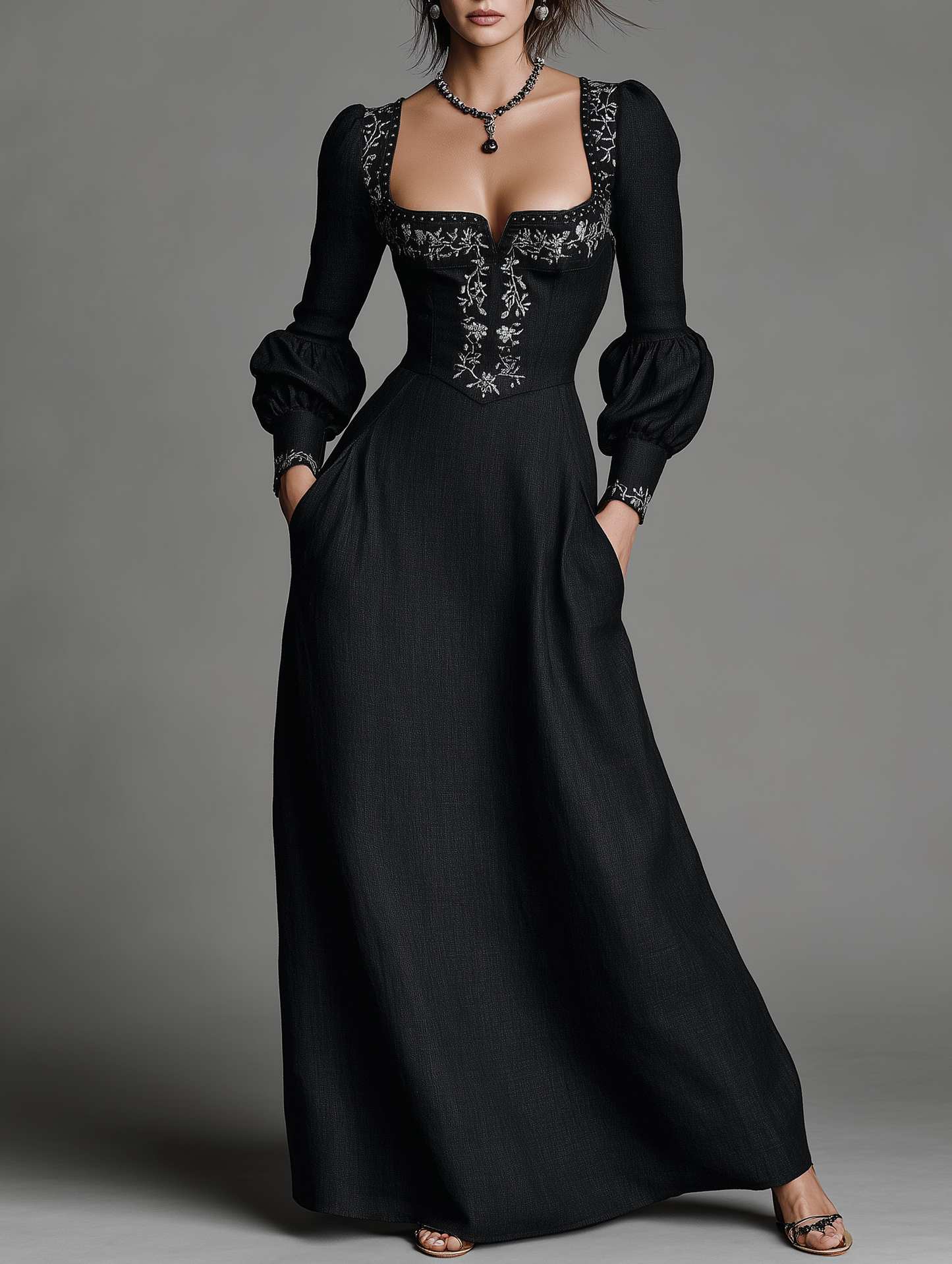 Women's Vintage Linen-Blend Embroidered Square-Neck Long-Sleeve Maxi Dress MDZ1178F0WY