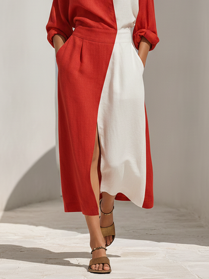 Women's Red & White Color-Block Linen Midi Dress With Asymmetric Wrap Collar & Waist-Cinched Skirt, Minimalist Elegant Casual Dress MDZ1162F6LYL