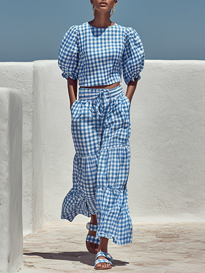 Women's Blue & White Gingham Cotton Two-Piece Set With Puff Sleeve Crop Top & Tiered Maxi Pants, Casual Summer Resort Outfit MDZ1153F7LYL
