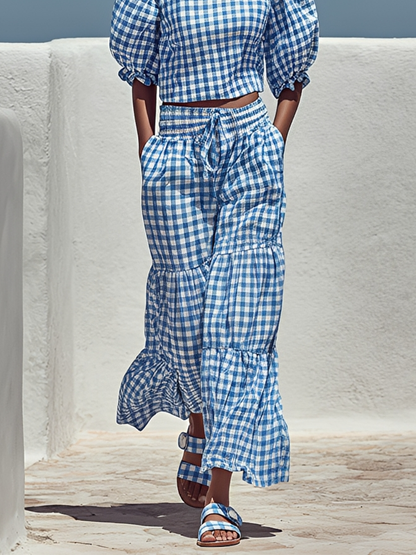 Women's Blue & White Gingham Cotton Two-Piece Set With Puff Sleeve Crop Top & Tiered Maxi Pants, Casual Summer Resort Outfit MDZ1153F7LYL