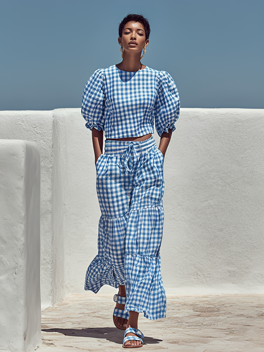 Women's Blue & White Gingham Cotton Two-Piece Set With Puff Sleeve Crop Top & Tiered Maxi Pants, Casual Summer Resort Outfit MDZ1153F7LYL