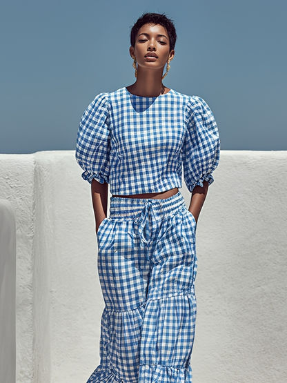 Women's Blue & White Gingham Cotton Two-Piece Set With Puff Sleeve Crop Top & Tiered Maxi Pants, Casual Summer Resort Outfit MDZ1153F7LYL