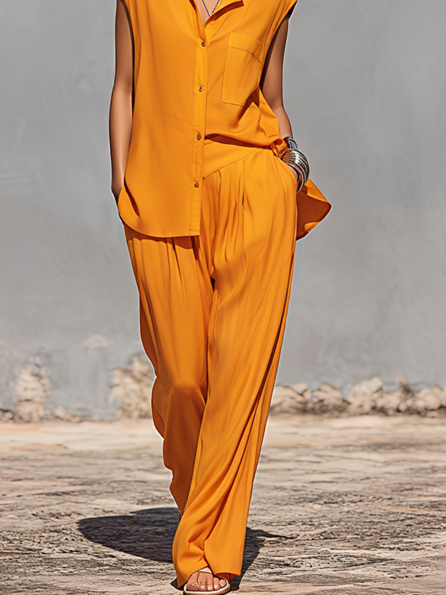 Women's Bright Orange Flowy Co-Ord With Collared Sleeveless Blouse & Elastic Waist Trousers, Modern Effortless-Chic Vacation Outfit MDZ1164F1LYL