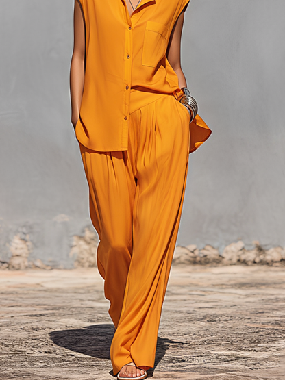 Women's Bright Orange Flowy Co-Ord With Collared Sleeveless Blouse & Elastic Waist Trousers, Modern Effortless-Chic Vacation Outfit MDZ1164F1LYL