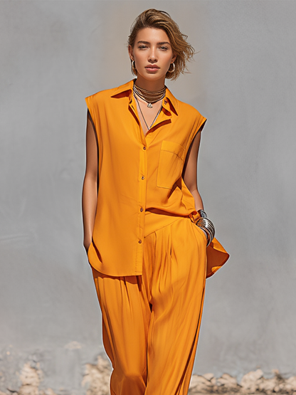 Women's Bright Orange Flowy Co-Ord With Collared Sleeveless Blouse & Elastic Waist Trousers, Modern Effortless-Chic Vacation Outfit MDZ1164F1LYL