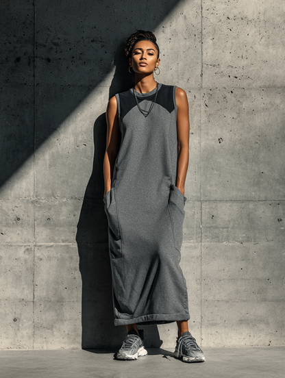 Women’s Gray Sleeveless Color Block Crew Neck Maxi Sweatshirt Dress With Side Pockets MDZ1172F4T