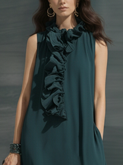 Women's Retro Elegant Dark Green Chiffon Ruffled Sleeveless Long Dress MDZ1142F4GMJ