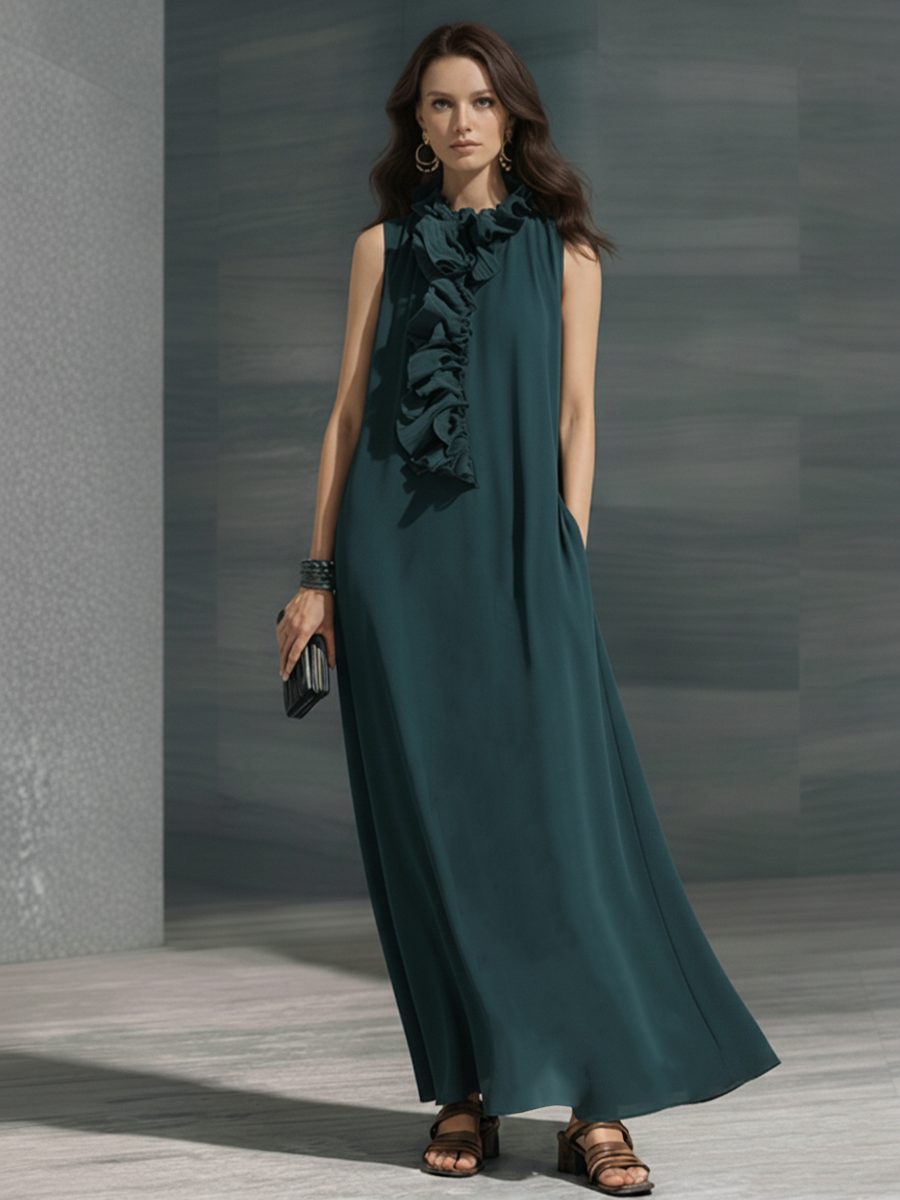 Women's Retro Elegant Dark Green Chiffon Ruffled Sleeveless Long Dress MDZ1142F4GMJ