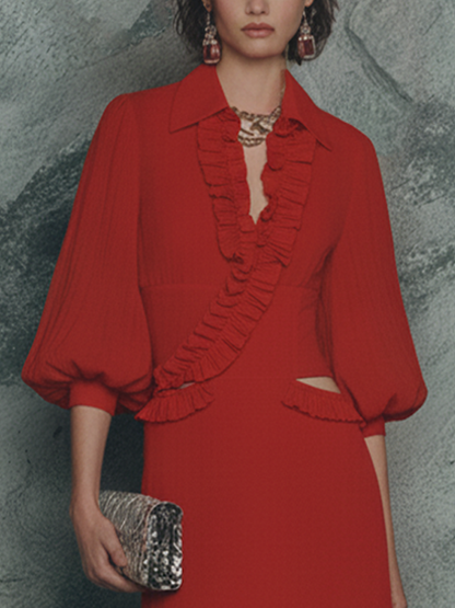Women's Retro Red Cotton Blend Ruffled Collar Hollowed-Out Puff Sleeve Fishtail Midi Dress MDZ1134F6GMJ