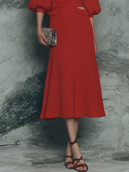 Women's Retro Red Cotton Blend Ruffled Collar Hollowed-Out Puff Sleeve Fishtail Midi Dress MDZ1134F6GMJ