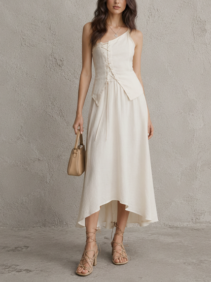 Women's Resort Style Off-White Cotton Linen Lace-up Asymmetrical Irregular Hem Spaghetti Strap Midi Dress MDZ1118F8GMJ