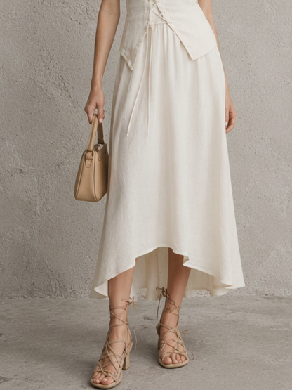 Women's Resort Style Off-White Cotton Linen Lace-up Asymmetrical Irregular Hem Spaghetti Strap Midi Dress MDZ1118F8GMJ