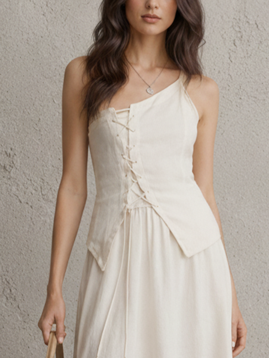 Women's Resort Style Off-White Cotton Linen Lace-up Asymmetrical Irregular Hem Spaghetti Strap Midi Dress MDZ1118F8GMJ