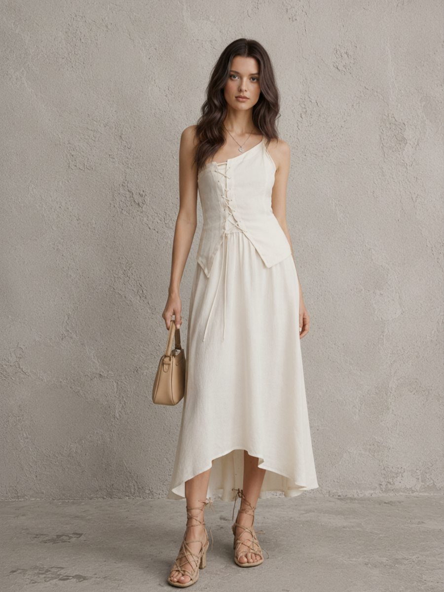 Women's Resort Style Off-White Cotton Linen Lace-up Asymmetrical Irregular Hem Spaghetti Strap Midi Dress MDZ1118F8GMJ