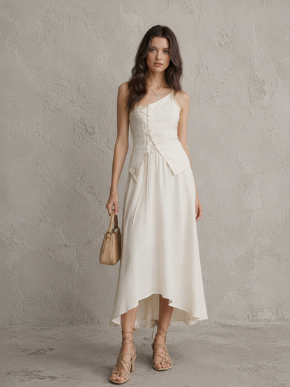 Women's Resort Style Off-White Cotton Linen Lace-up Asymmetrical Irregular Hem Spaghetti Strap Midi Dress MDZ1118F8GMJ