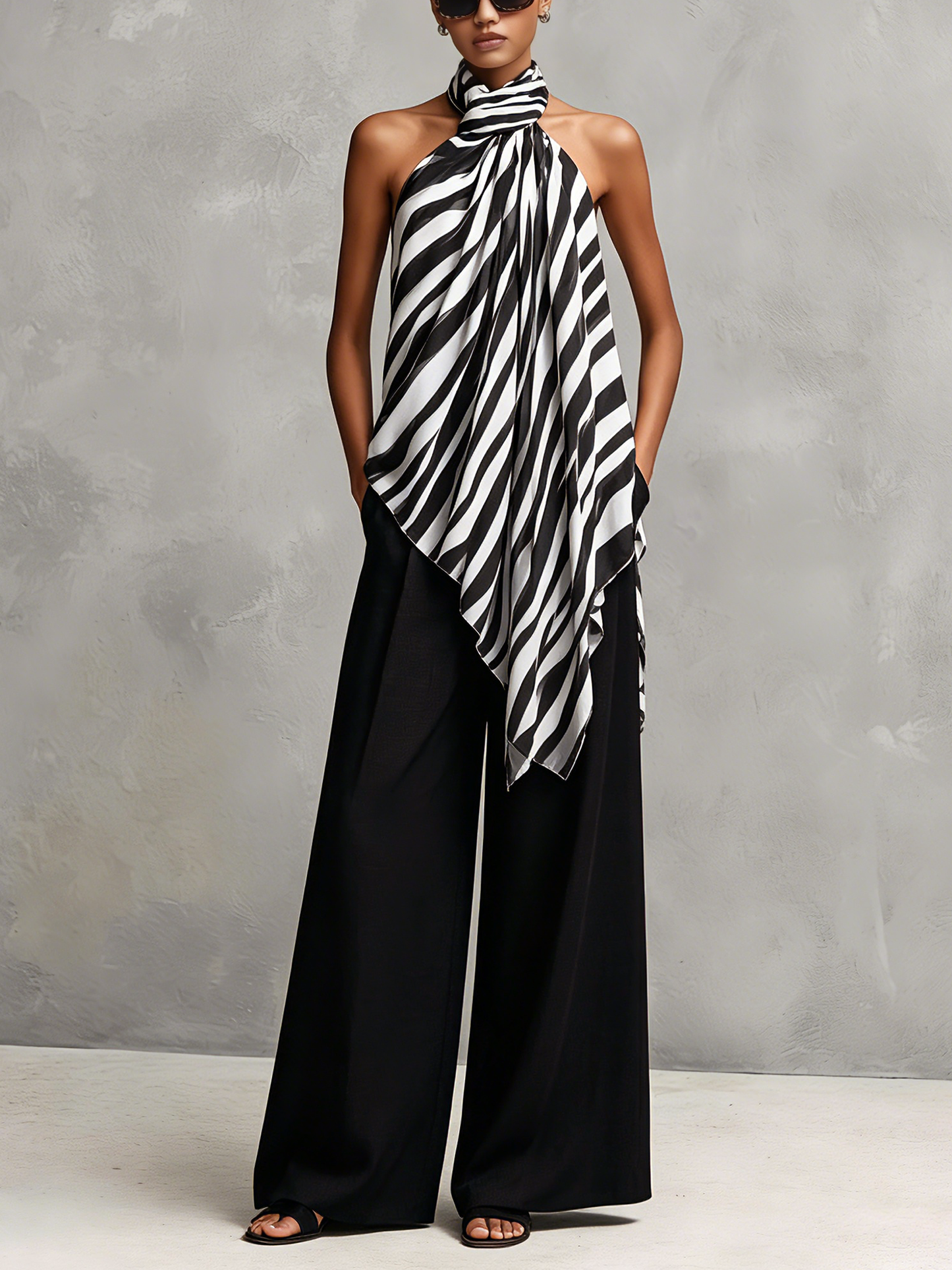 Women's Casual Sleeveless Chiffon Top With Black And White Print, Paired With Woven Trousers MDZ1282F9LXY