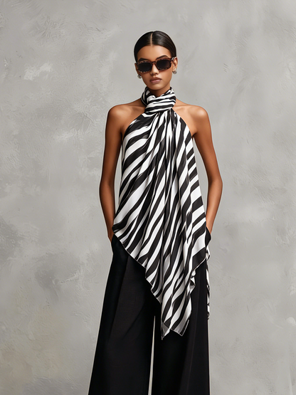 Women's Casual Sleeveless Chiffon Top With Black And White Print, Paired With Woven Trousers MDZ1282F9LXY