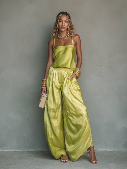 Women's Casual Light Green Satin Camisole And Trousers Set MDZ1203F9LXY