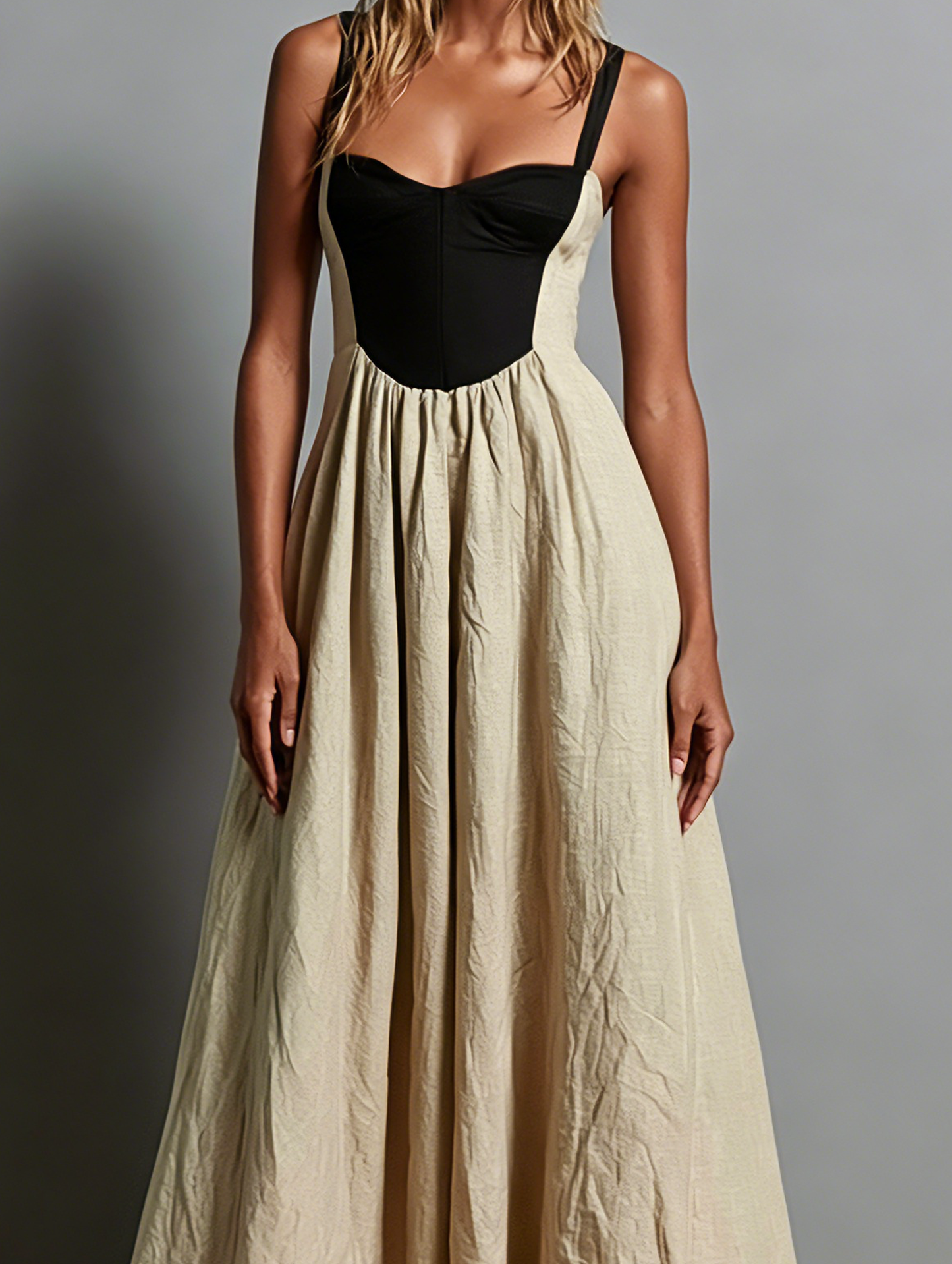 Women's Casual Khaki Cotton-linen Sleeveless Maxi Dress With A Square Neck. MDZ1246F8LXY