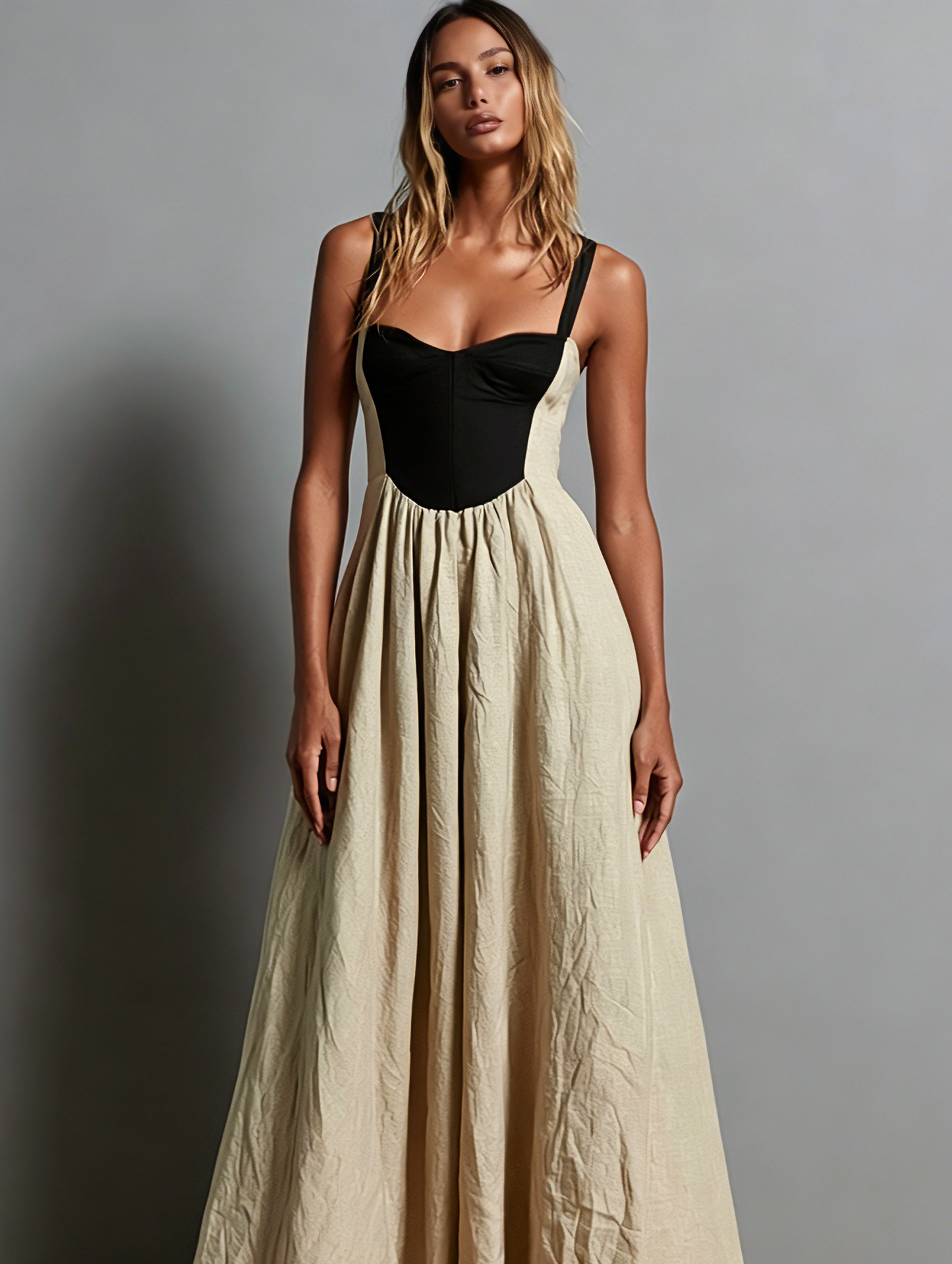 Women's Casual Khaki Cotton-linen Sleeveless Maxi Dress With A Square Neck. MDZ1246F8LXY