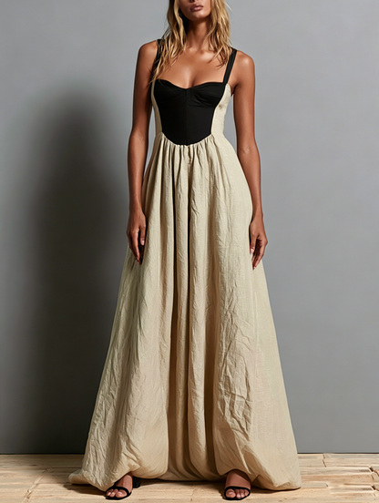 Women's Casual Khaki Cotton-linen Sleeveless Maxi Dress With A Square Neck. MDZ1246F8LXY